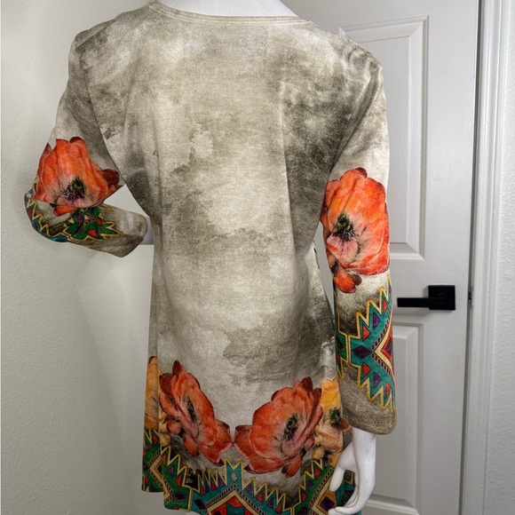 a. m. m. a Western Cream and Orange Asymmetrical Graphic Dress. - Picture 6 of 11